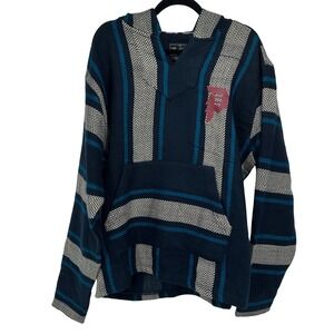 Primitive Baja Hoodie Mens XL Navy Blue Striped Pullover Skater Y2K Grunge